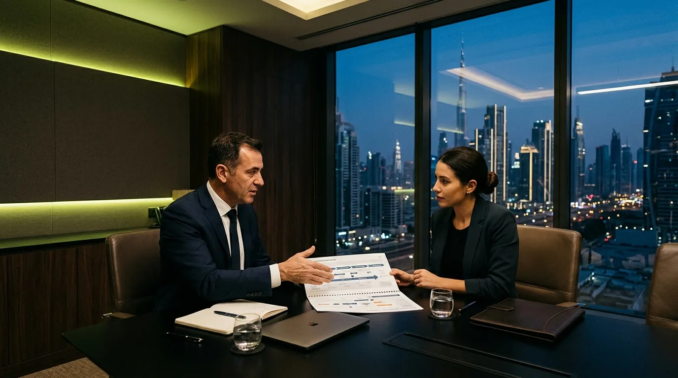 Founder reviewing a written UAE setup roadmap with a consultant